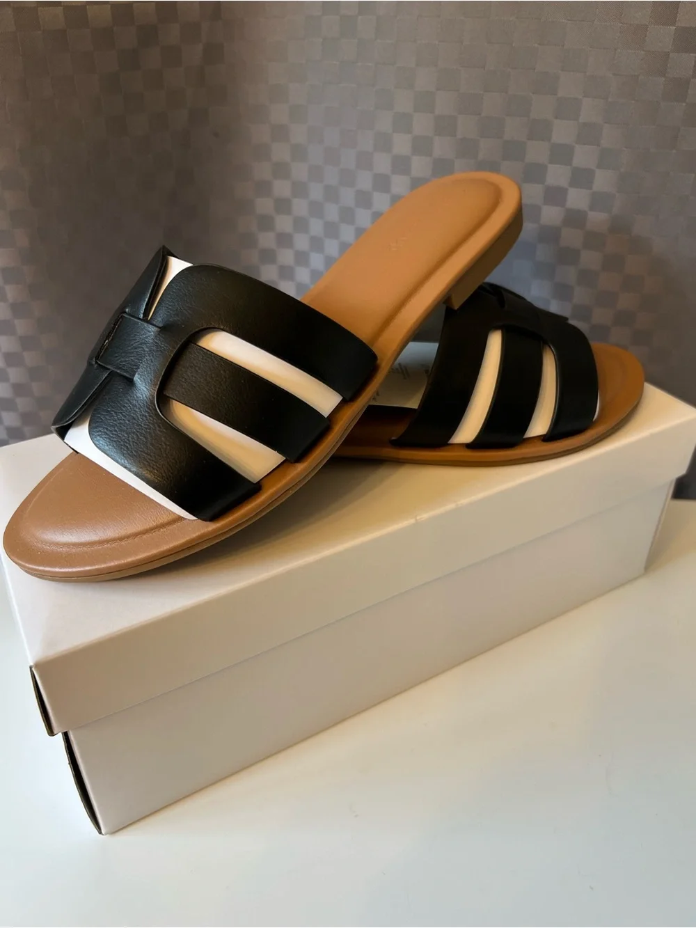 The Drop Women's Monika Flat H-Band Slide Sandals Black Sz 8 Faux Leather NWT